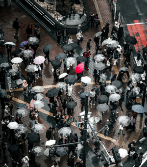 Crowd holding white umbrellas and one red umbrella