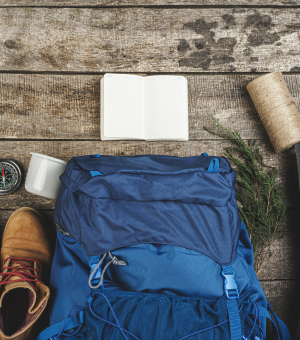 Gear for hiking: backpack, boots, compass